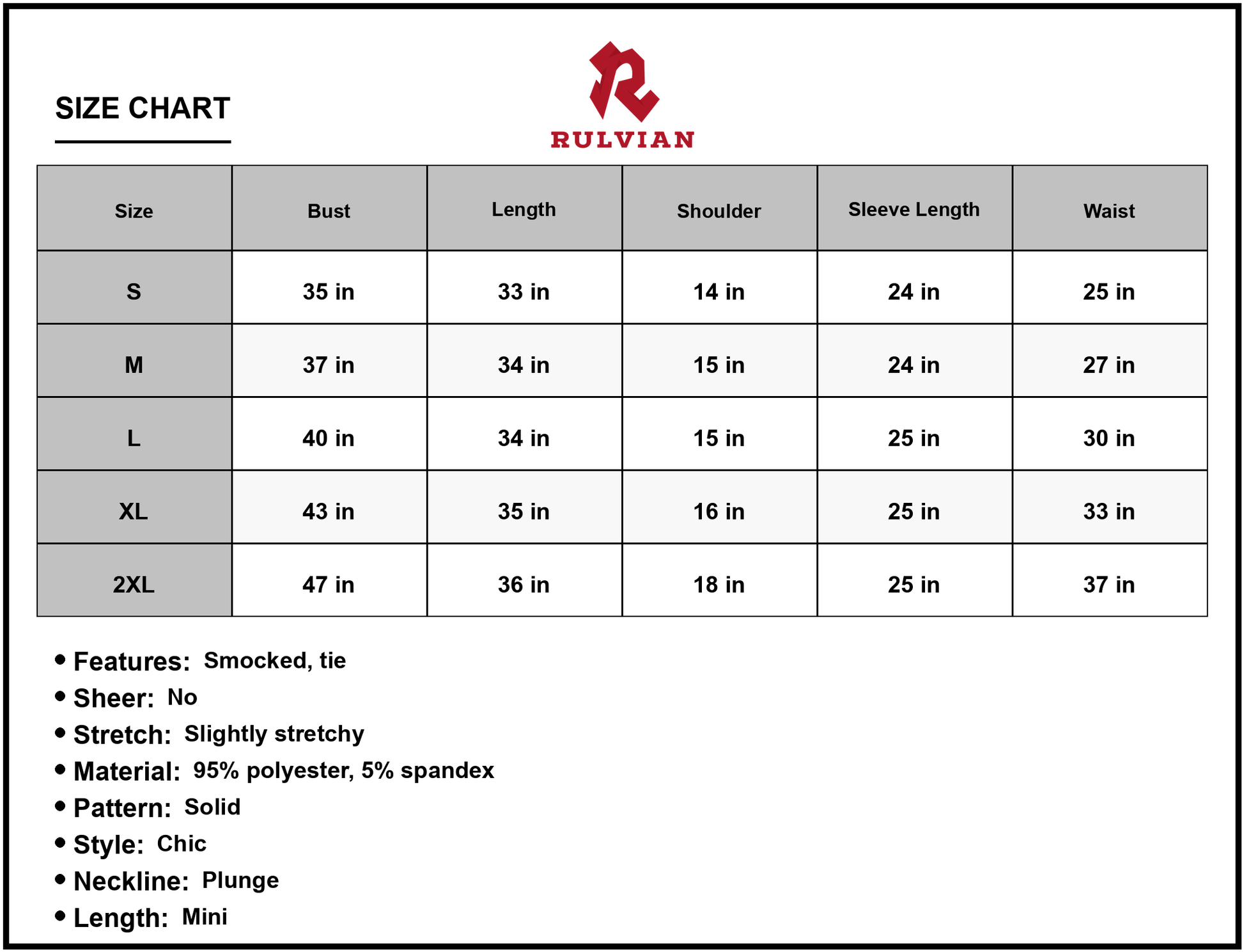 Size Chart - Womens Tied Plunge Smocked Waist Flounce Sleeve Dress 95% Polyester 5% Spandex Casual Mini Length Chic Party Ready