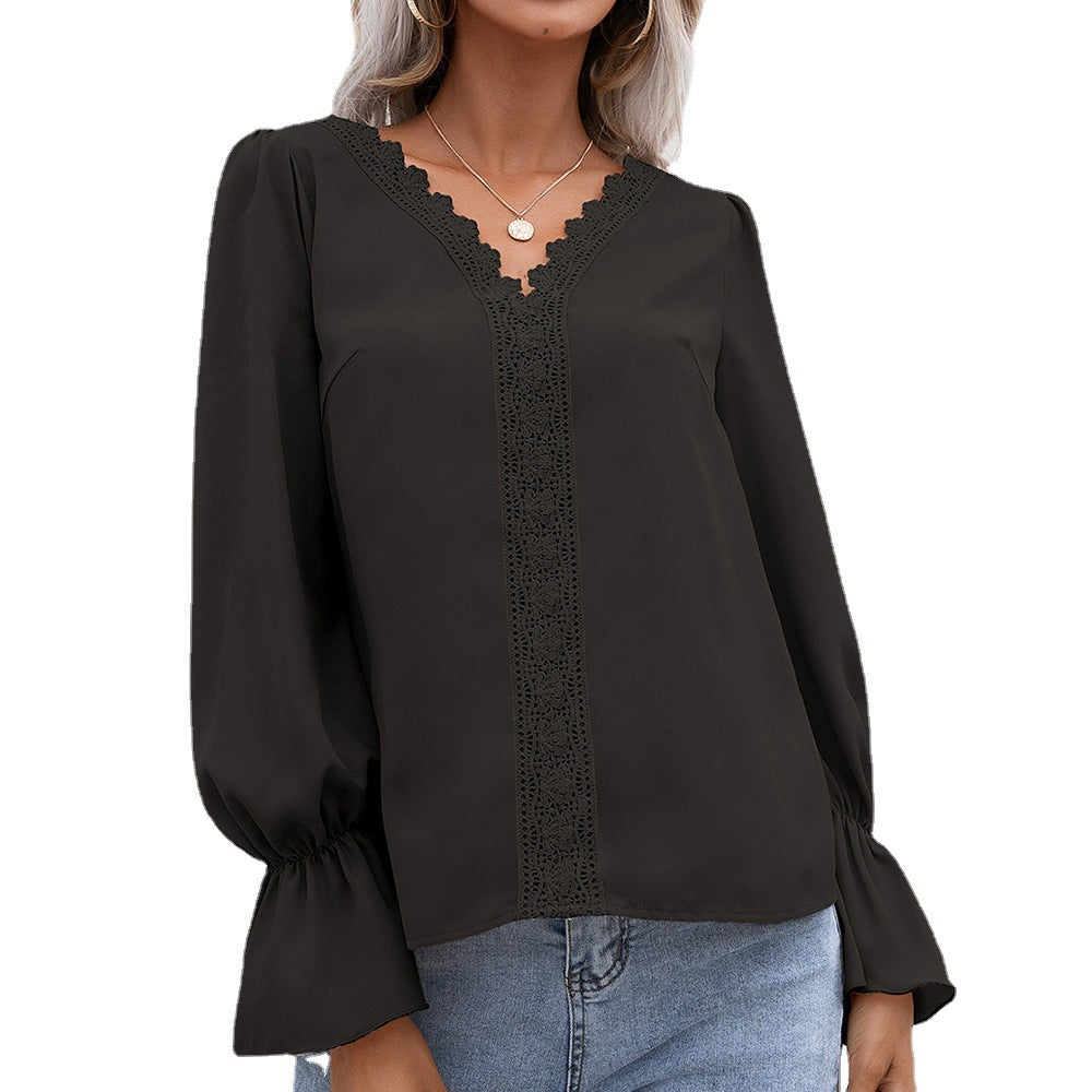 Women's V Neck Hollow Lace Long Sleeve Shirt 100% Polyester Lightweight Elegant Top Casual Everyday Wear