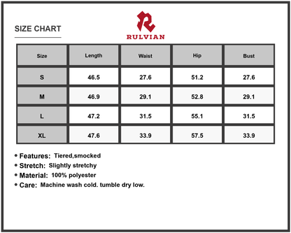 Size Chart - Women's Printed Square Neck Cami Midi Dress with Tiered Smocked Details and Slight Stretch in Polyester % Fabric