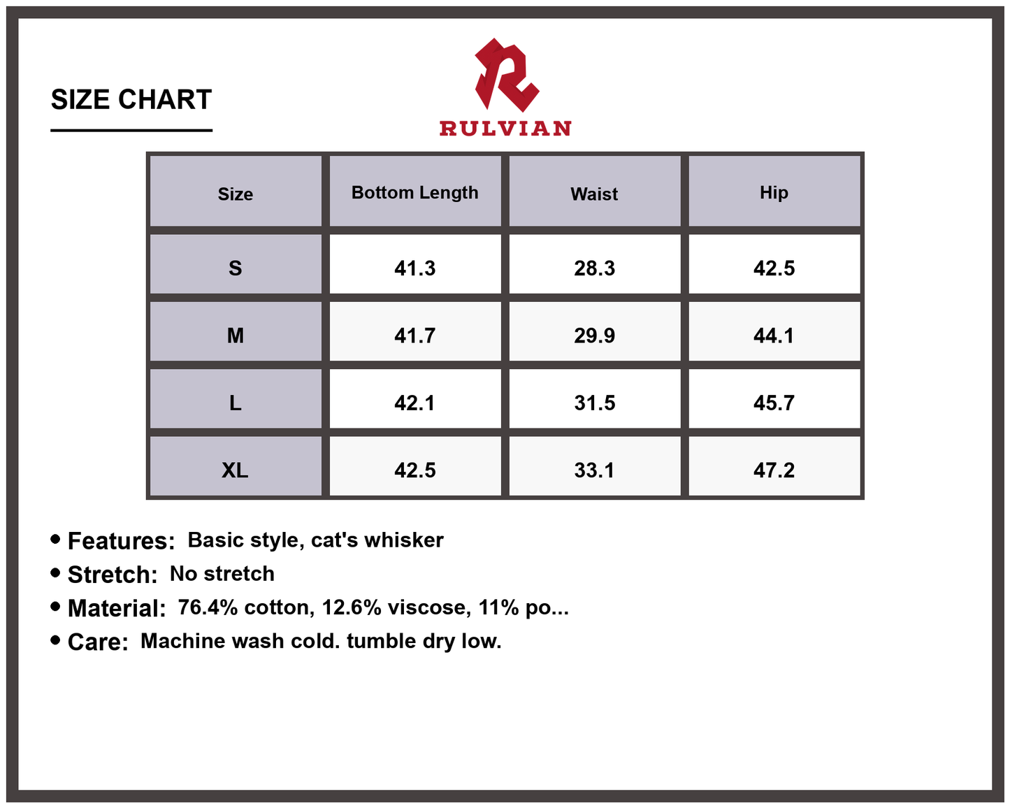Size Chart - Men's Wide Leg Jeans Relaxed Fit Durable Denim Pants Cat's Whisker Design for Casual Everyday Streetwear Fashionable Apparel