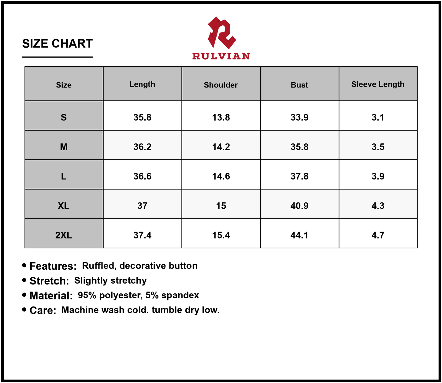 Size Chart - Women's V Neck Ruffled Cap Sleeve Dress with 95% Polyester 5% Spandex for a Flattering Look and Lightweight Comfort