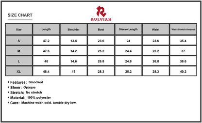 Size Chart - Women's Smocked Square Neck Flounce Sleeve Dress 100% Polyester Lightweight Fabric for Everyday Comfort and Style
