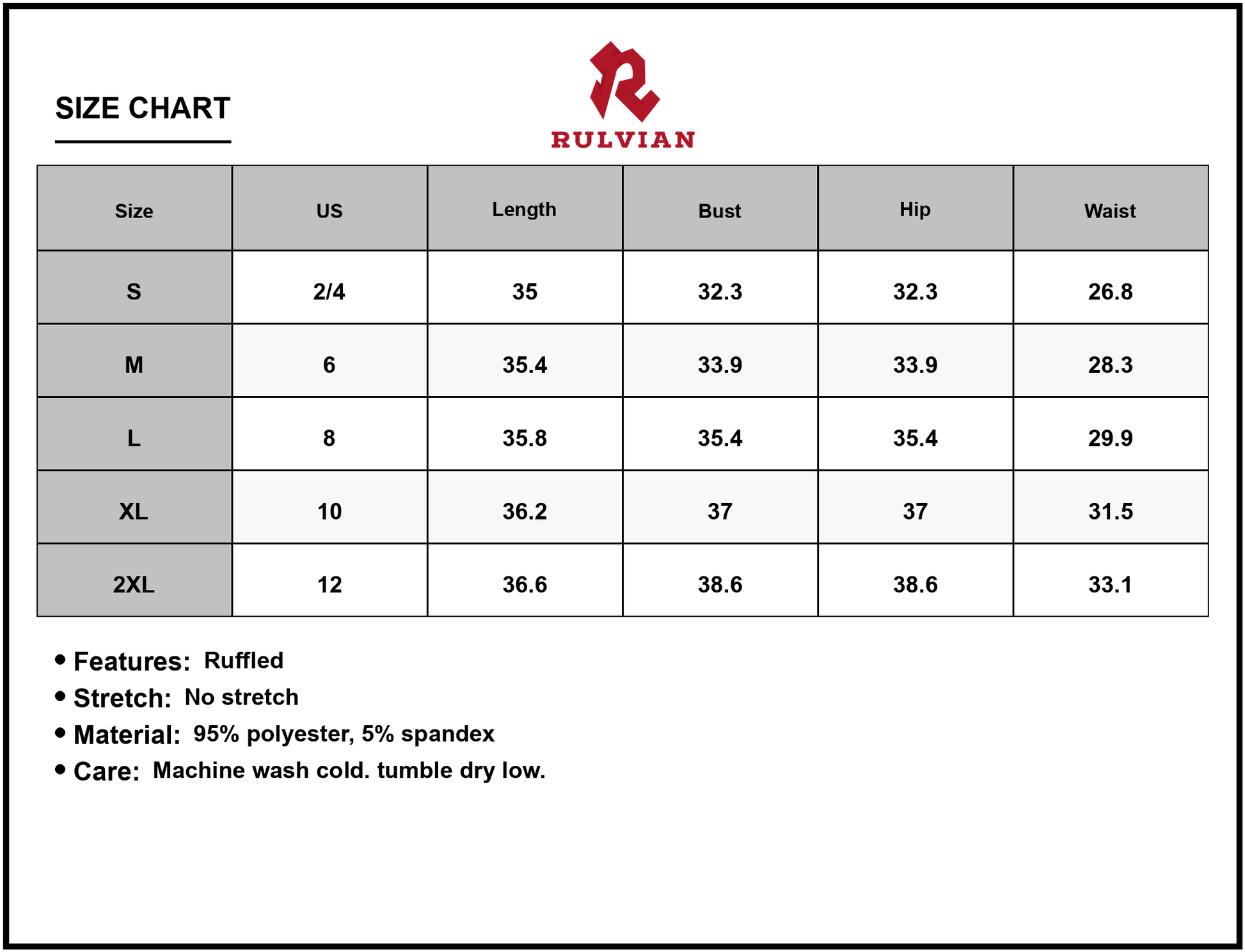 Size Chart - Women's Printed Ruffled Sweetheart Neck Mini Dress 95% Polyester and 5% Spandex for a Flowy Look and Feminine Charm