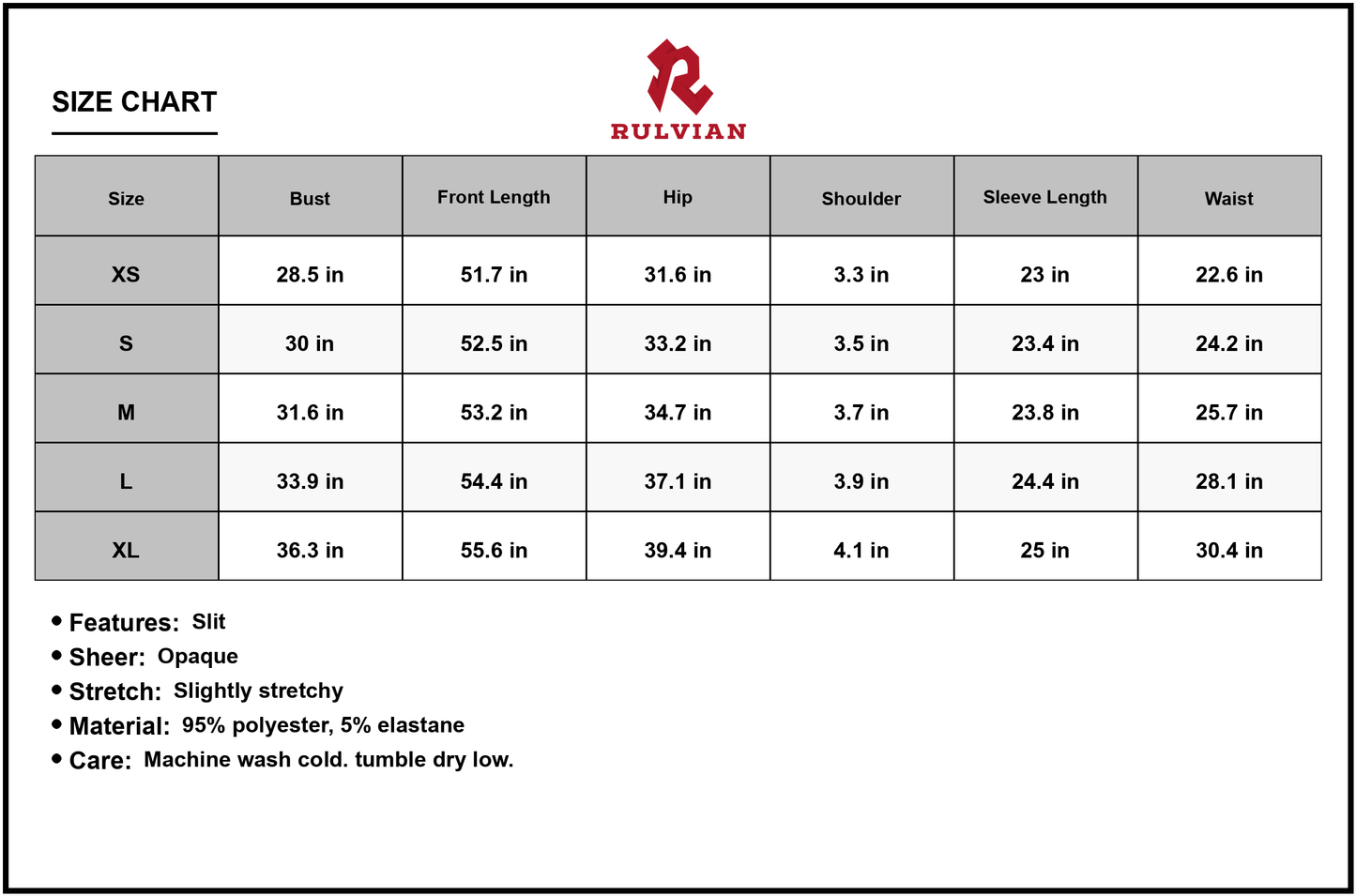 Size Chart - Women's One Shoulder Long Sleeve Dress with Slit Sheer Overlay and Opaque Stretch Bodice 95% Polyester 5% Elastane