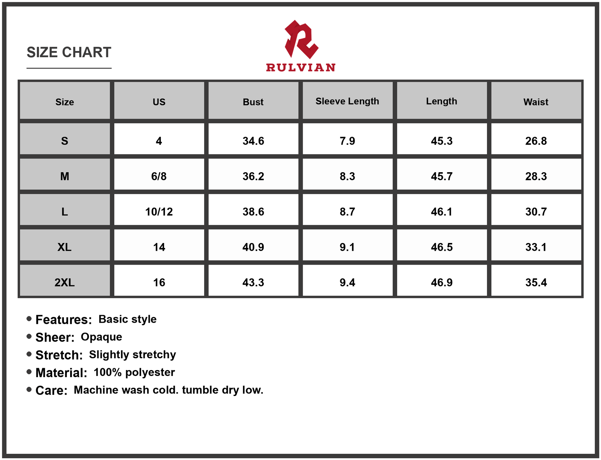 Size Chart - Women's Surplice Puff Sleeve Midi Dress with Sheer Overlay and Stretch for Elegant Silhouette Fabric 100% Polyester