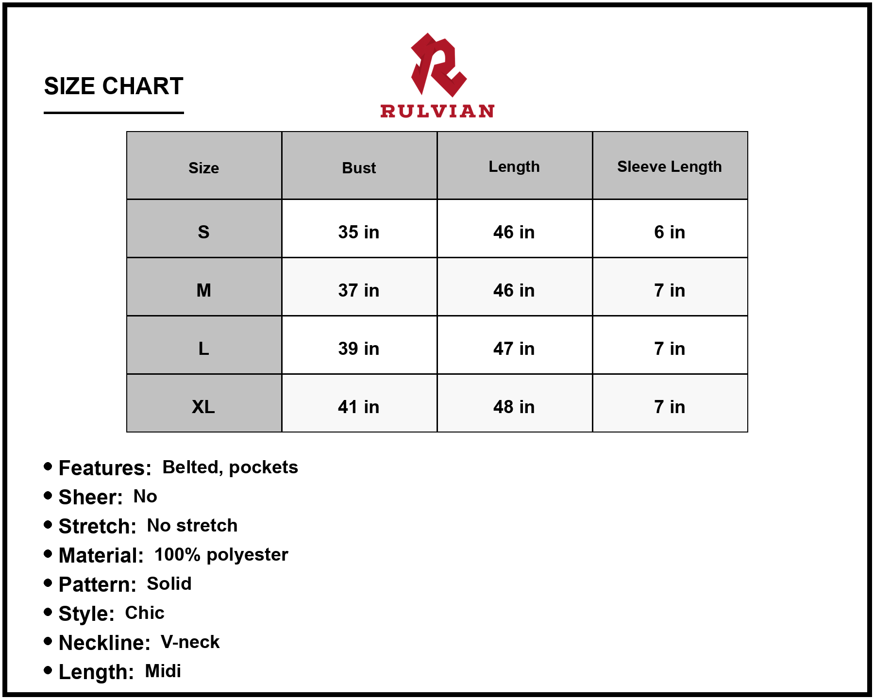Size Chart - Women's Tie Belt V Neck Pleated Midi Dress with Pockets Cap Sleeves Fashionable Chic Everyday Occasion 100% Polyester