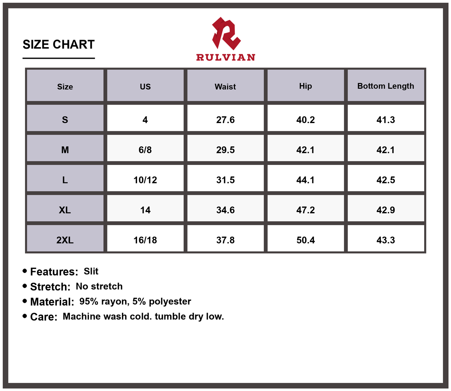 Size Chart - Women's Side Slit Jeans with Pockets Casual Everyday Fashionable Premium Durable Versatile High Quality Bottoms for Daily Wear