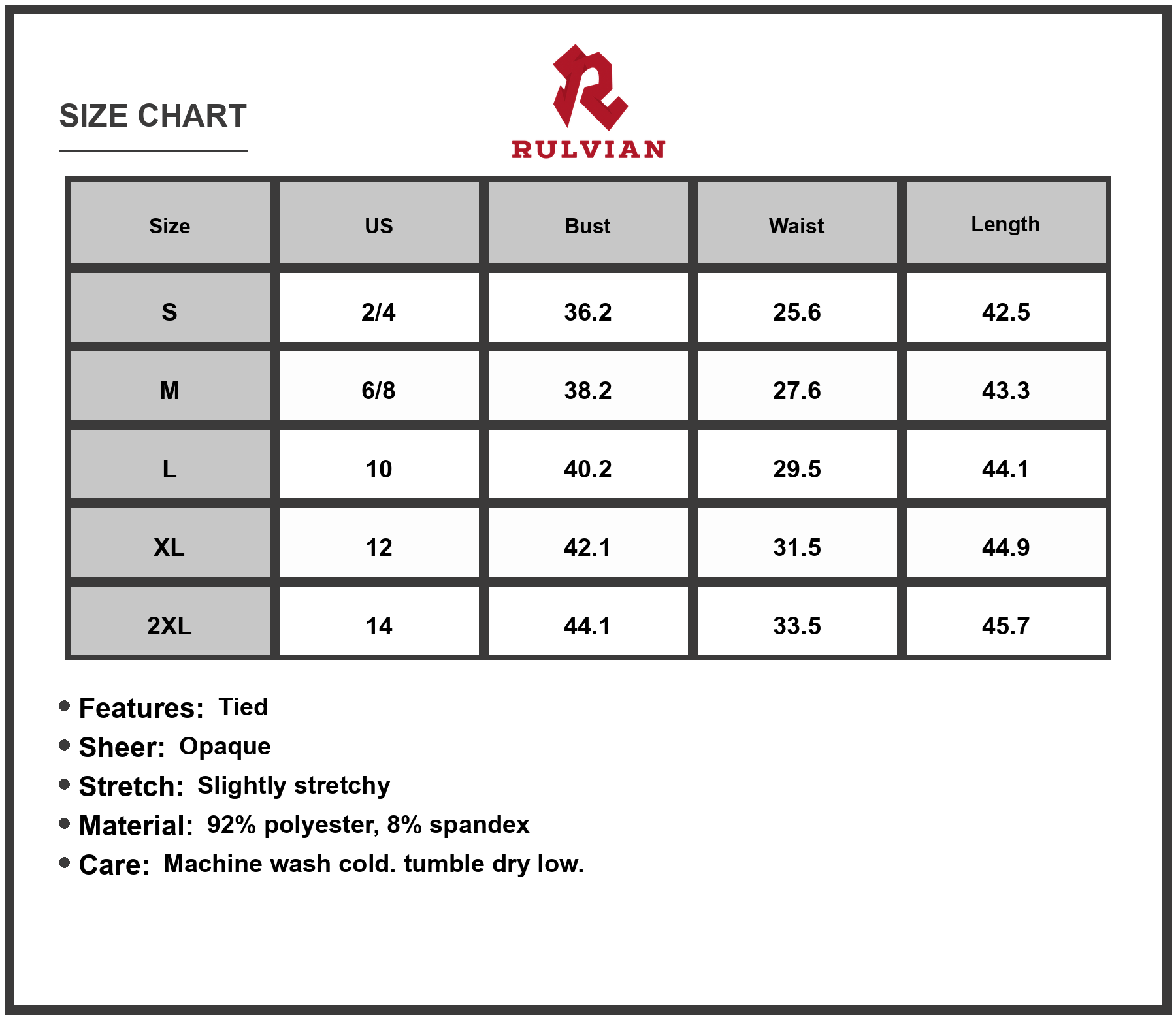 Size Chart - Women's Tied Round Neck Sleeveless Dress with 92% Polyester 8% Spandex Stretch for Everyday Wear for Spring and Summer
