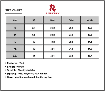 Size Chart - Women's Tied Round Neck Sleeveless Dress with 92% Polyester 8% Spandex Stretch for Everyday Wear for Spring and Summer