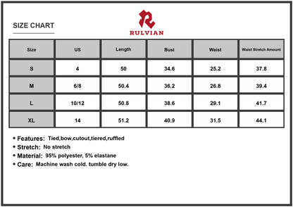 Size Chart - Women's Tie Back Tiered Midi Cami Dress with Bow Back Design and Cutout Details Summer Wear 95% polyester 5% elastane