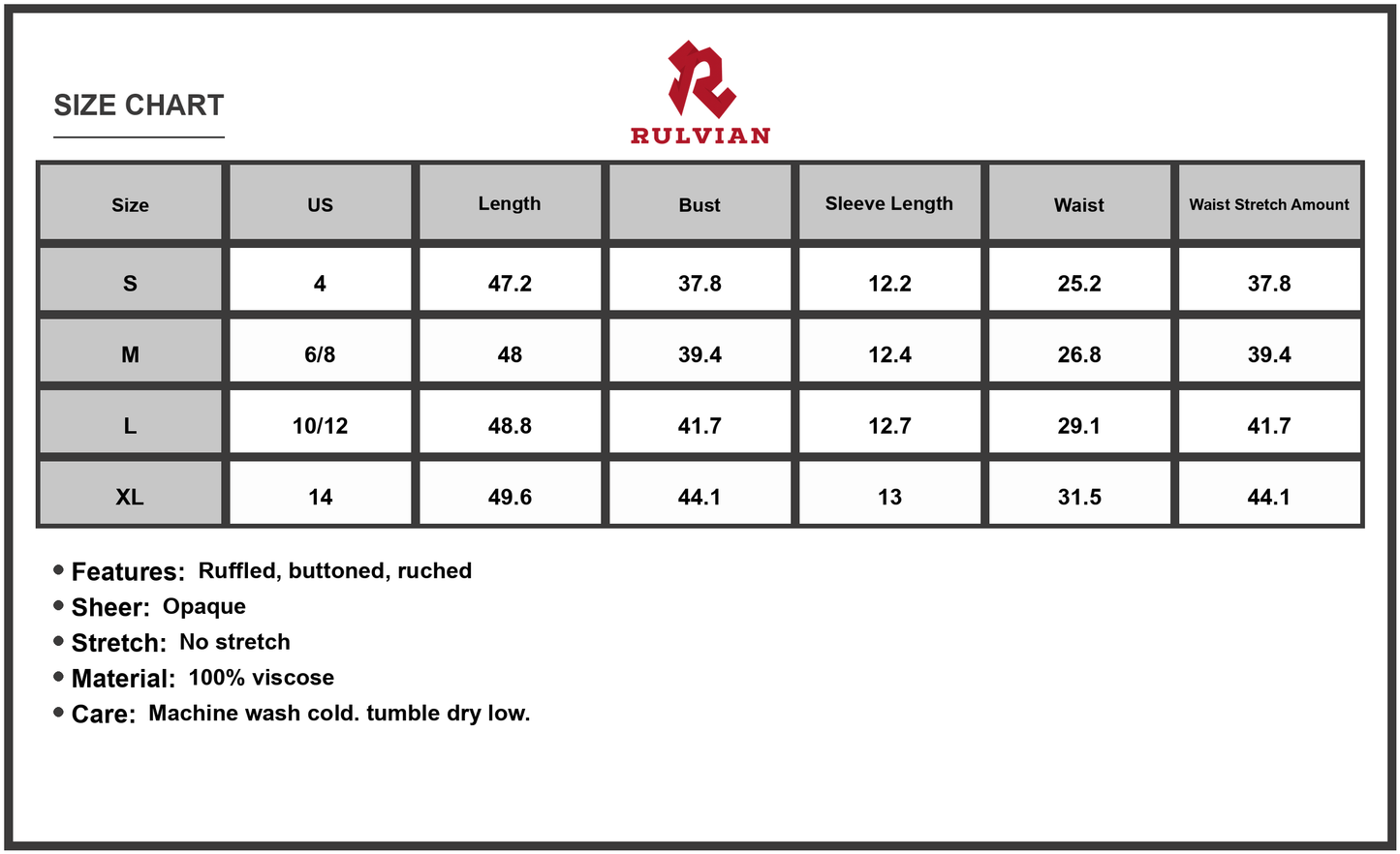 Size Chart - Women's Ruched V Neck Midi Dress with Half Sleeves and Ruffled Buttoned Details in Viscose 100% for Everyday Wear