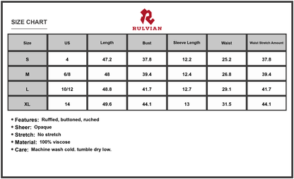 Size Chart - Women's Ruched V Neck Midi Dress with Half Sleeves and Ruffled Buttoned Details in Viscose 100% for Everyday Wear