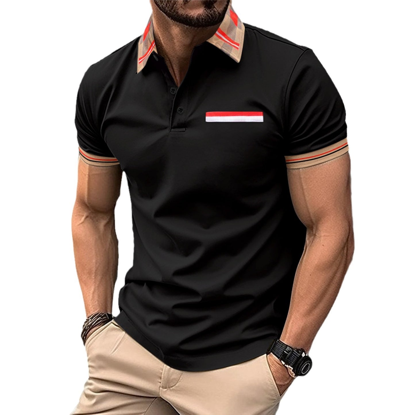 Men's Striped Polo Collar T Shirt Color Matching Design In Black Sky Blue Pink Khaki Polyester 100% Top