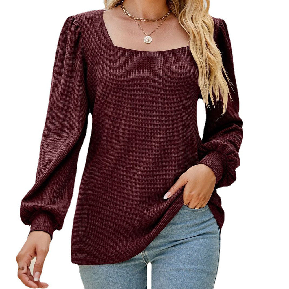 Women's U Neck Pleated Puff Sleeve Top Loose Casual Solid Color Cotton Blend 60% Cotton Soft Knit Everyday