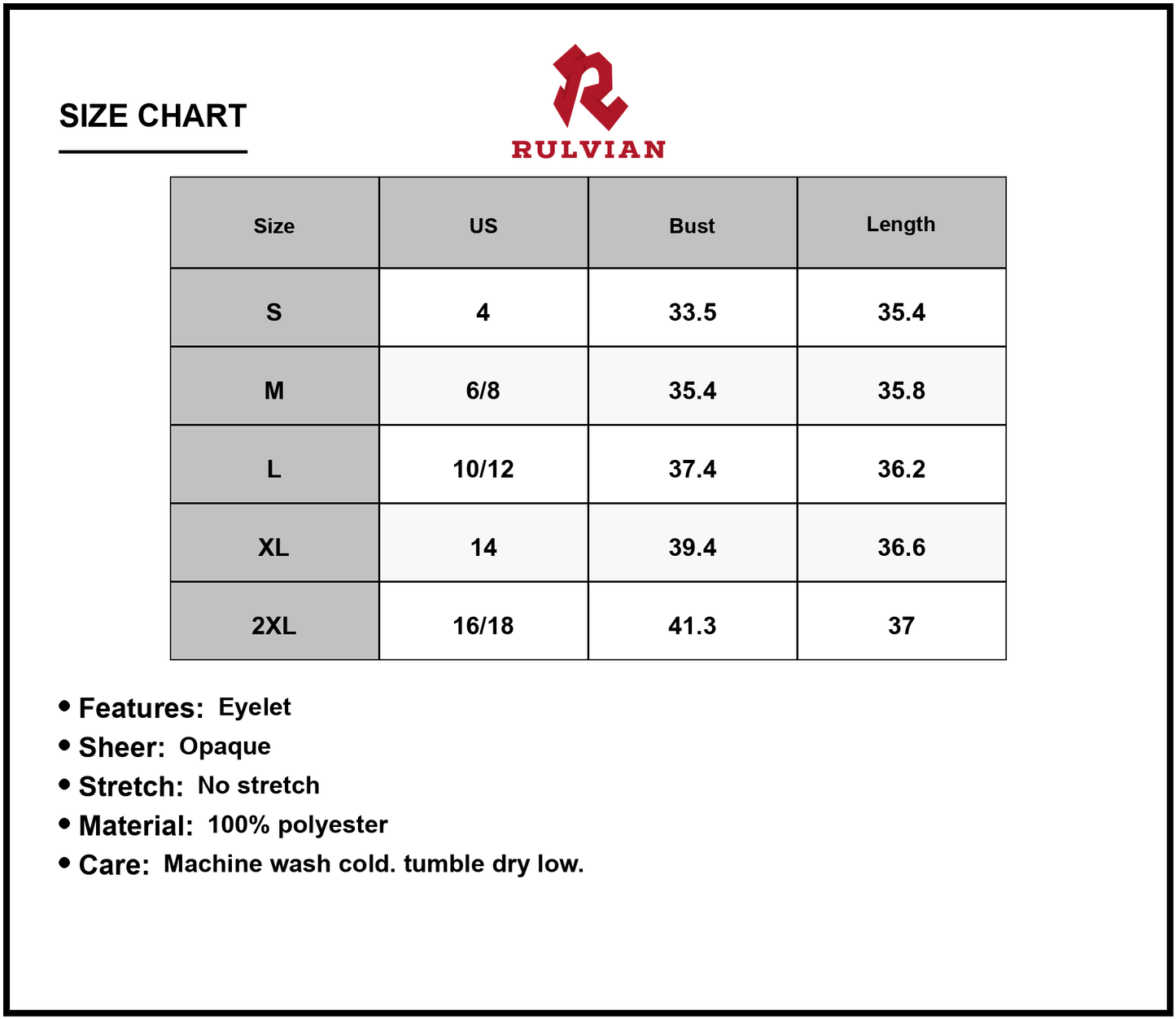 Size Chart - Women's Eyelet Scoop Neck Sleeveless Dress with 100% Polyester Eyelet Fabric Lightweight Easy Care Machine Washable