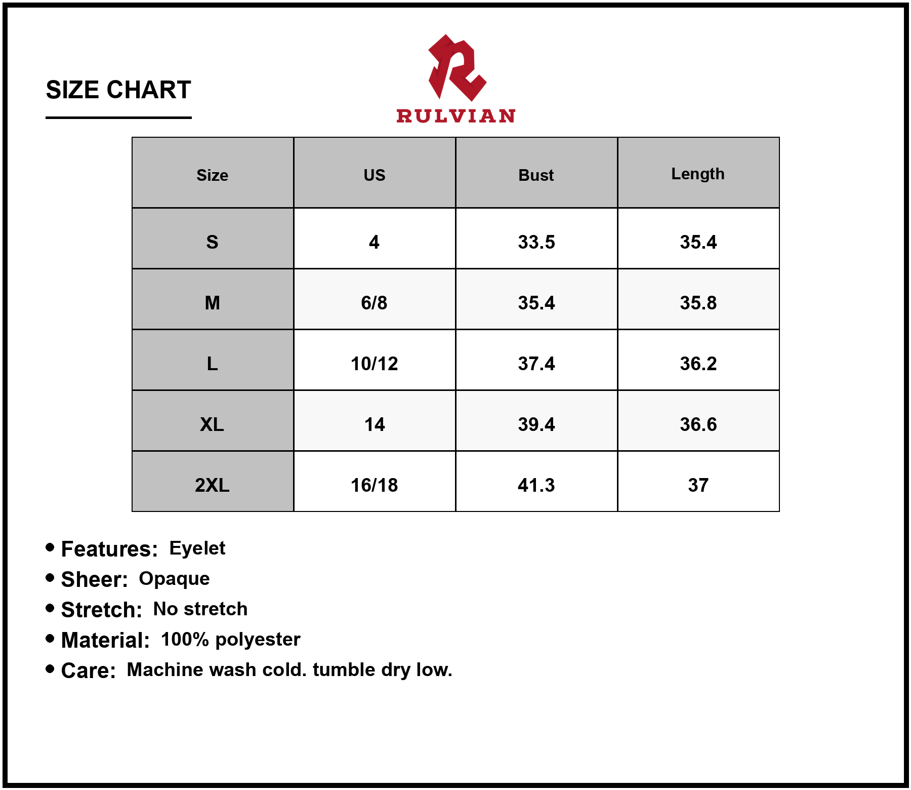 Size Chart - Women's Eyelet Scoop Neck Sleeveless Dress with 100% Polyester Eyelet Fabric Lightweight Easy Care Machine Washable