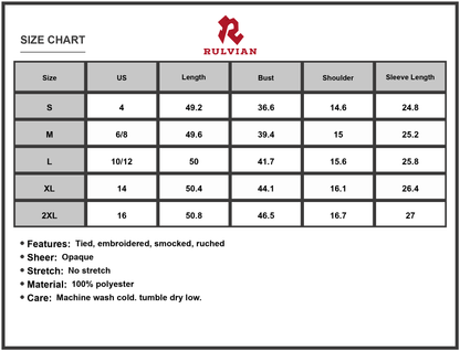 Size Chart - Women's Embroidered Polka Dot Tie Neck Long Sleeve Midi Dress Made with Polyester Fabric and Lined for styling