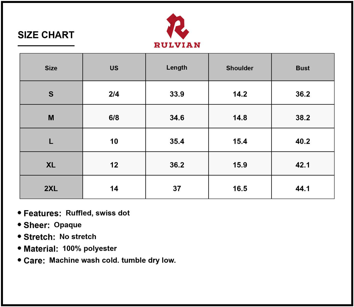 Size Chart - Women's Swiss Dot Ruffled V Neck Dress 100% Polyester Lightweight Fabric for Daywear and Evening Outings Everyday