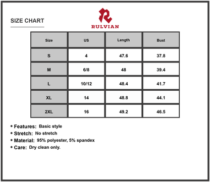 Size Chart - Women's Round Neck Sleeveless Midi Sheath Dress with Zip Up Closure Ideal For Office Or Party Polyester% Spandex fabric