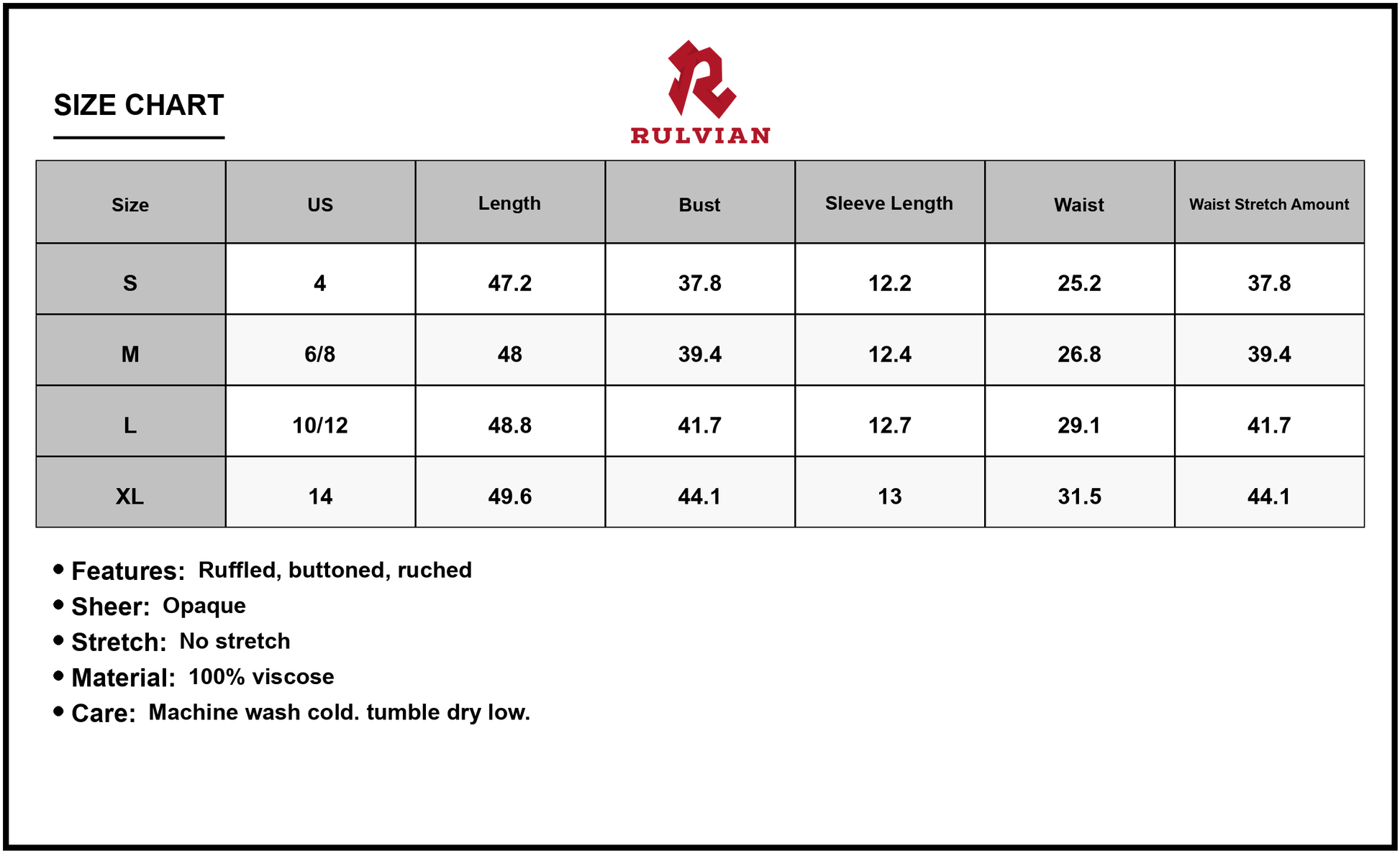 Size Chart - Women's Ruched V Neck Midi Dress with Half Sleeves and Ruffled Buttoned Details in Viscose 100% for Everyday Wear