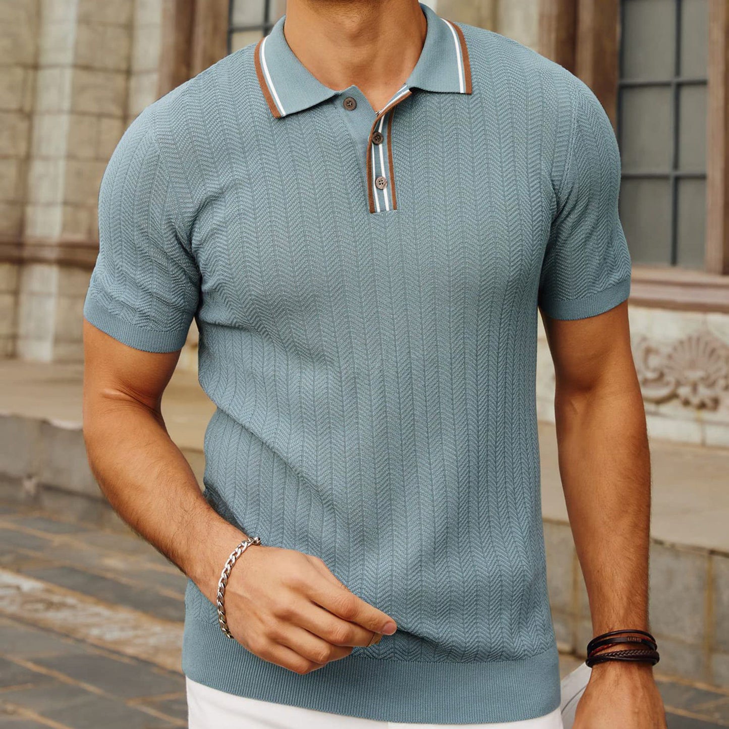 Men's Simplicity Short Sleeve Tencel Fabric 100% Leisure Sweater for Summer Comfort in Light Blue Ensemble