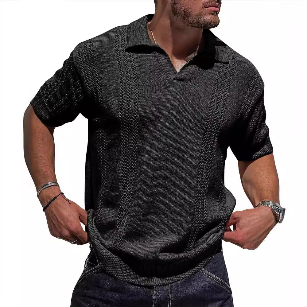 Men's Knitted Polo Shirt Short Sleeve V Neck Hollow Casual Style Breathable 60% Cotton 40% Polyester Blend