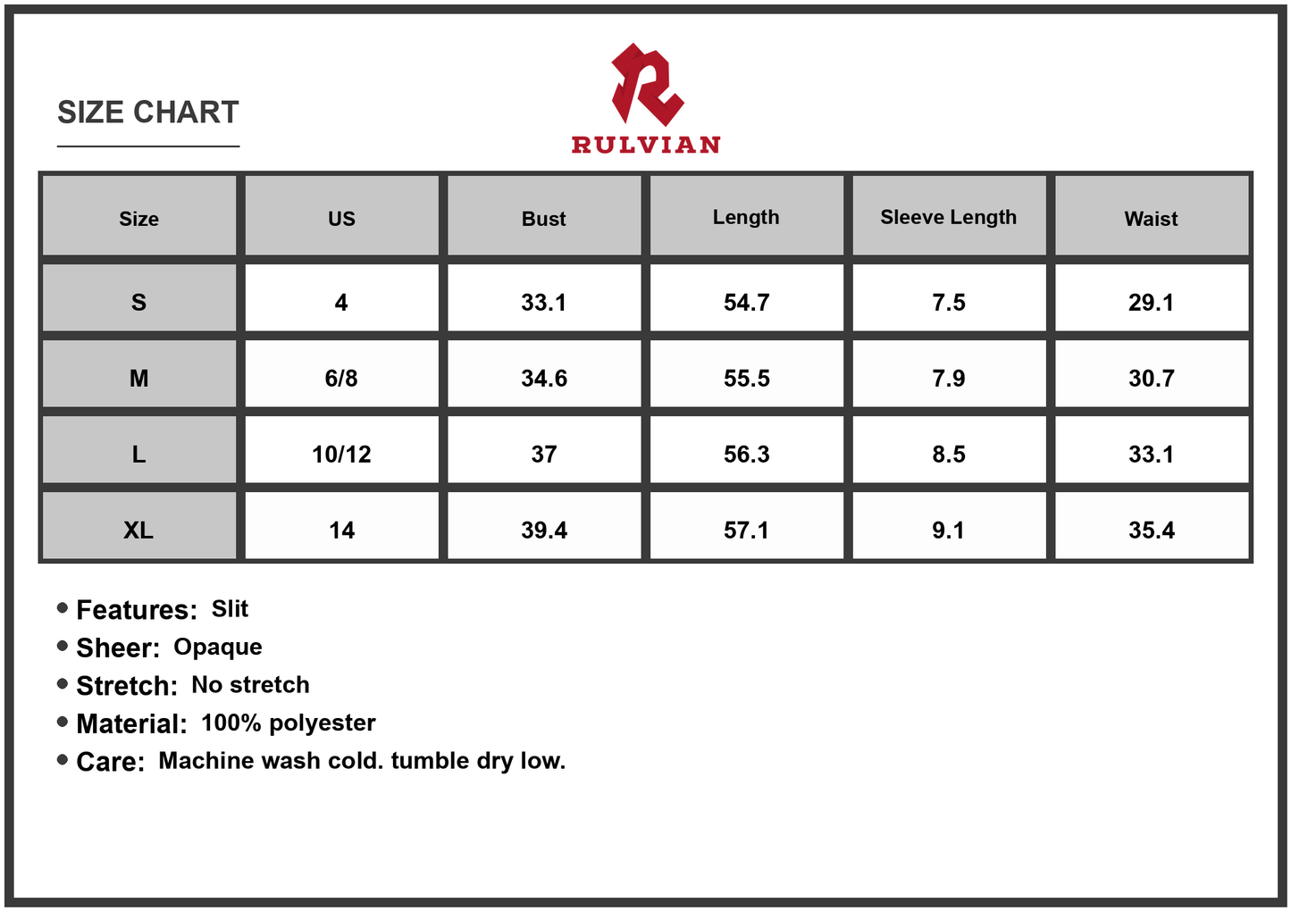Size Chart - Women's Slit Printed Surplice Long Sleeve Maxi Dress in 100% Polyester for Elegant Everyday Wear and Special Occasions