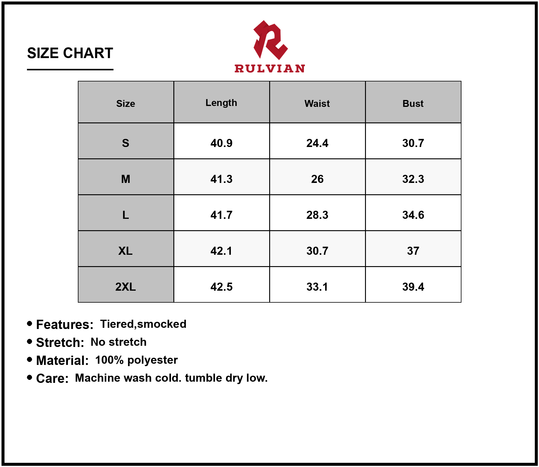 Size Chart - Women's Printed V Neck Cami Dress with Tiered Smocked Bodice fabric 100% Polyester Easy Care Imported Versatile