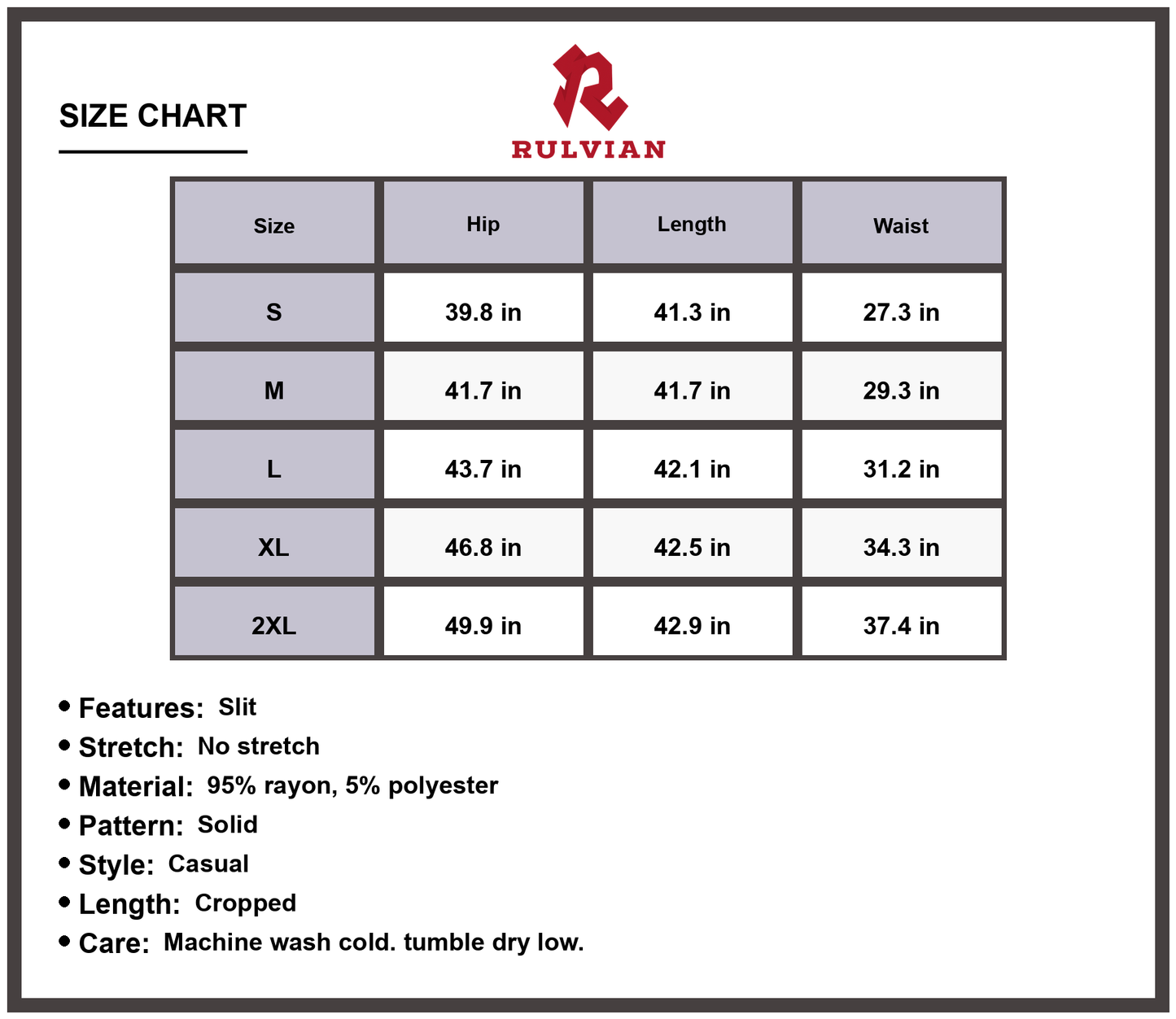 Size Chart - Women's High Waist Loose Fit Ankle Slit Cropped Jeans Premium Quality Casual Everyday Fashionable Modern Versatile