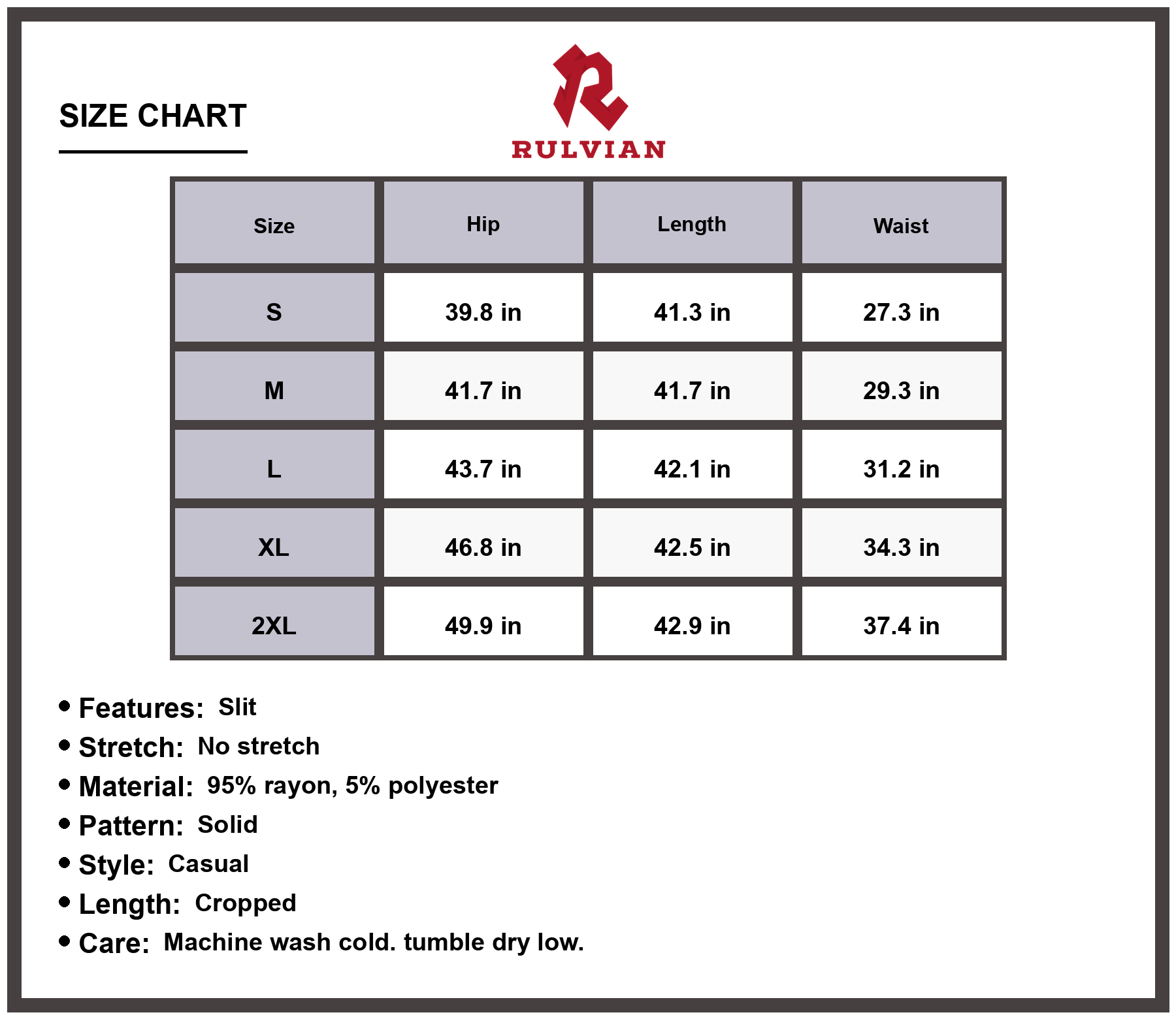 Size Chart - Women's High Waist Loose Fit Ankle Slit Cropped Jeans Premium Quality Casual Everyday Fashionable Modern Versatile
