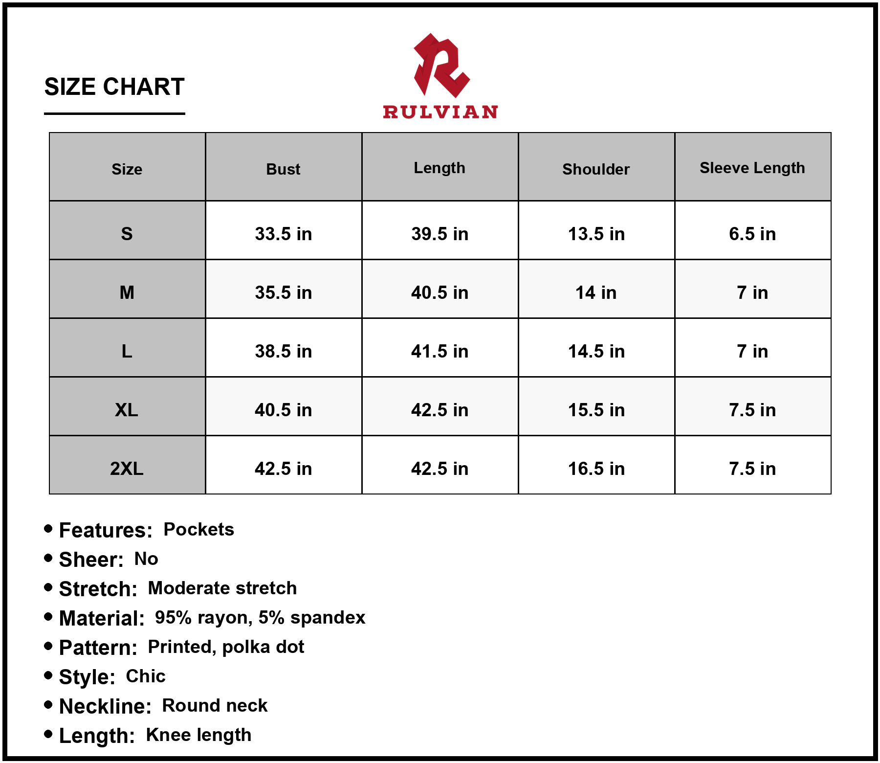 Size Chart - Women's Printed Round Neck Short Sleeve Dress with Pockets Chic A line Knee Length 95% Rayon and 5% Spandex Comfortable