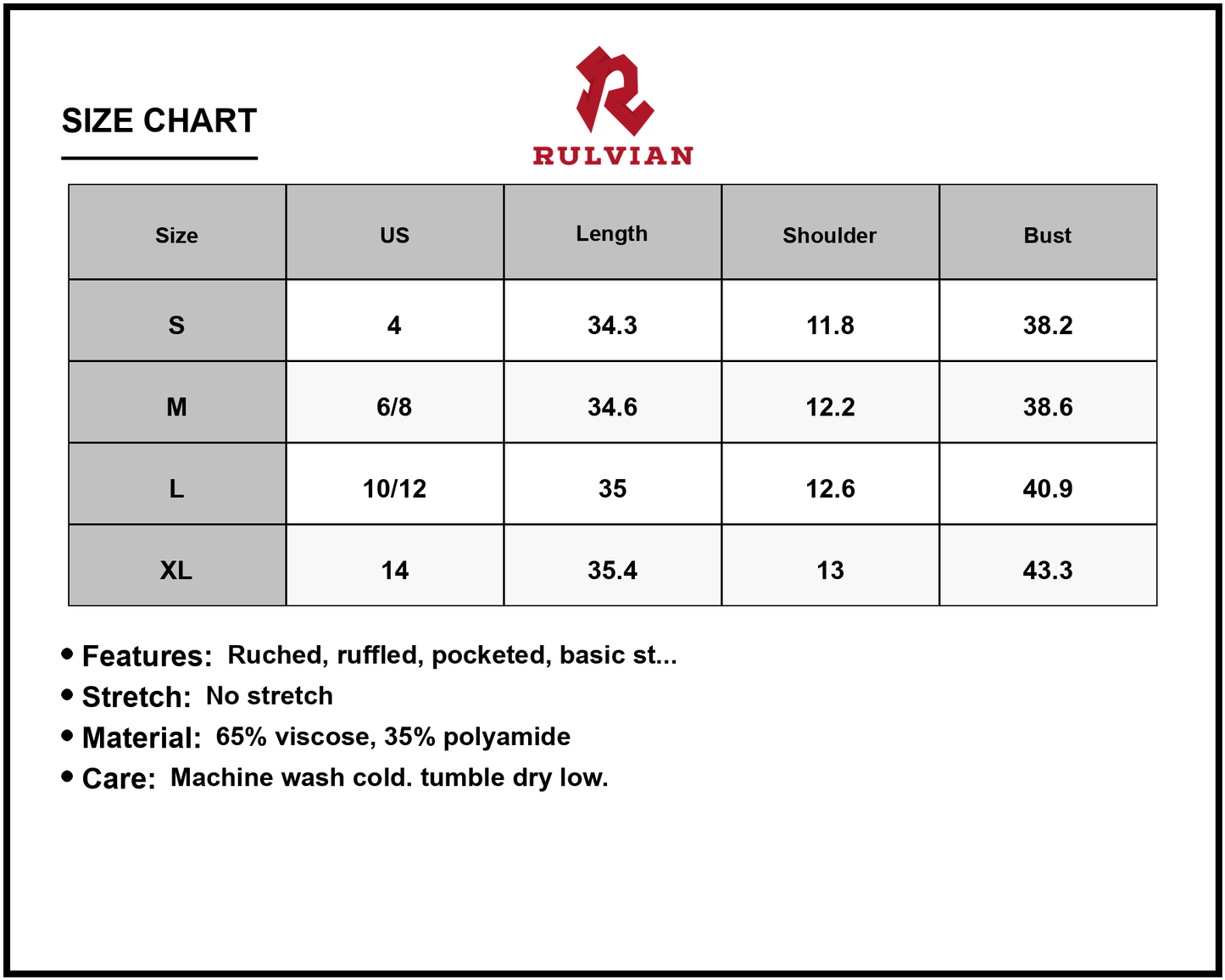 Size Chart - Women's Ruffled Mock Neck Cap Sleeve Mini Dress with Ruched Front and Pocket Details 65% viscose 35% polyamide