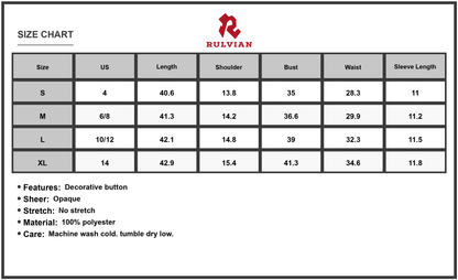 Size Chart - Women's Printed V-Neck Short Sleeve Dress with Decorative Buttons 100% Polyester Fabric for Everyday Wear and Comfort