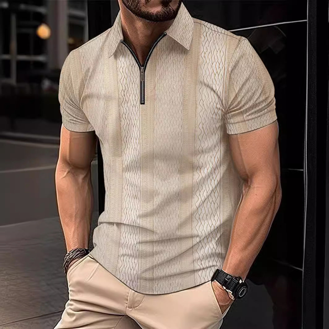 Men's Striped Printing Lapel Button Polo Shirt Leisure Fit Short Sleeve with 100% Polyester Fabric Material