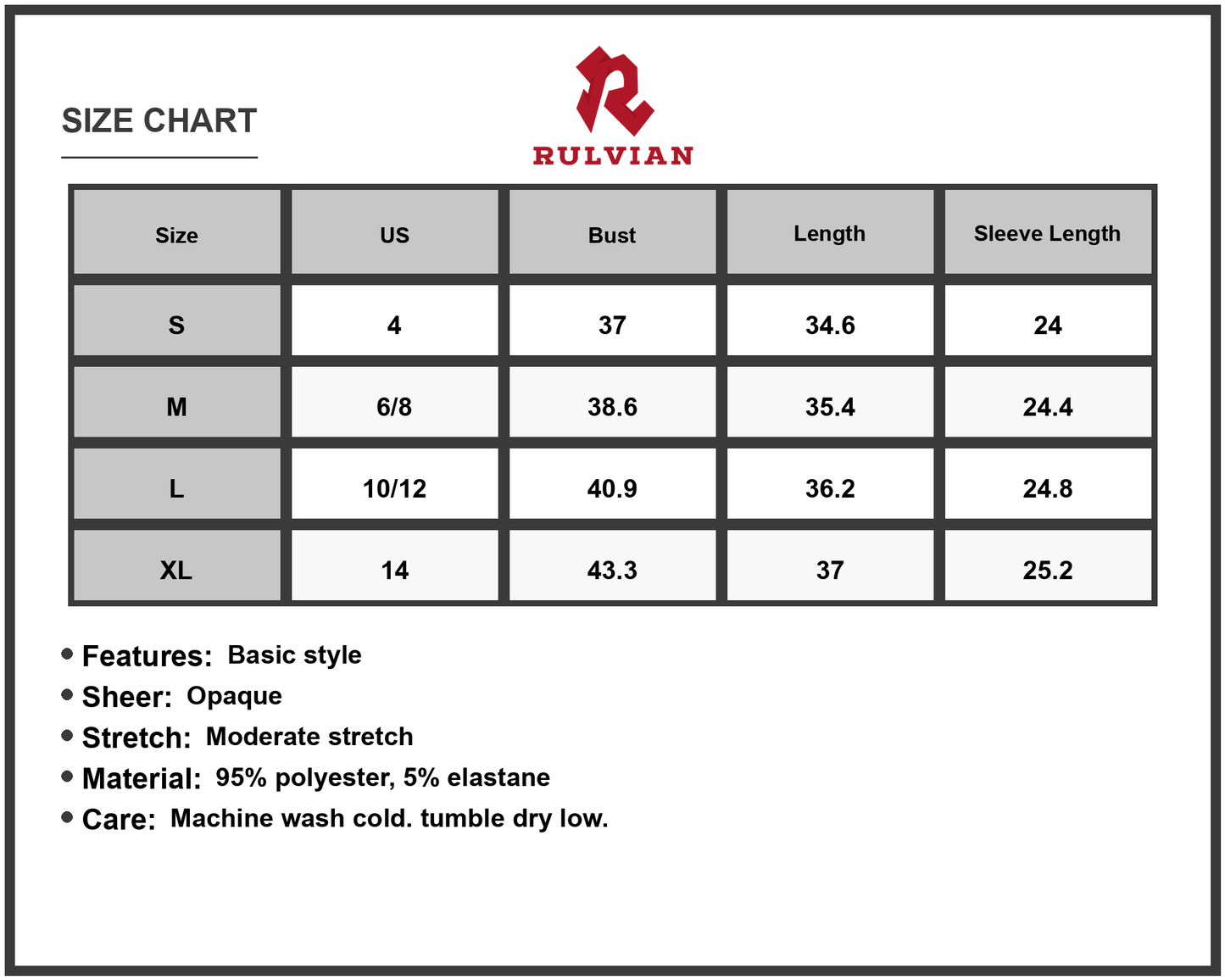 Size Chart - Women's Round Neck Long Sleeve Mini Dress 95% Polyester 5% Elastane Comfortable Everyday Wear Flattering Silhouette