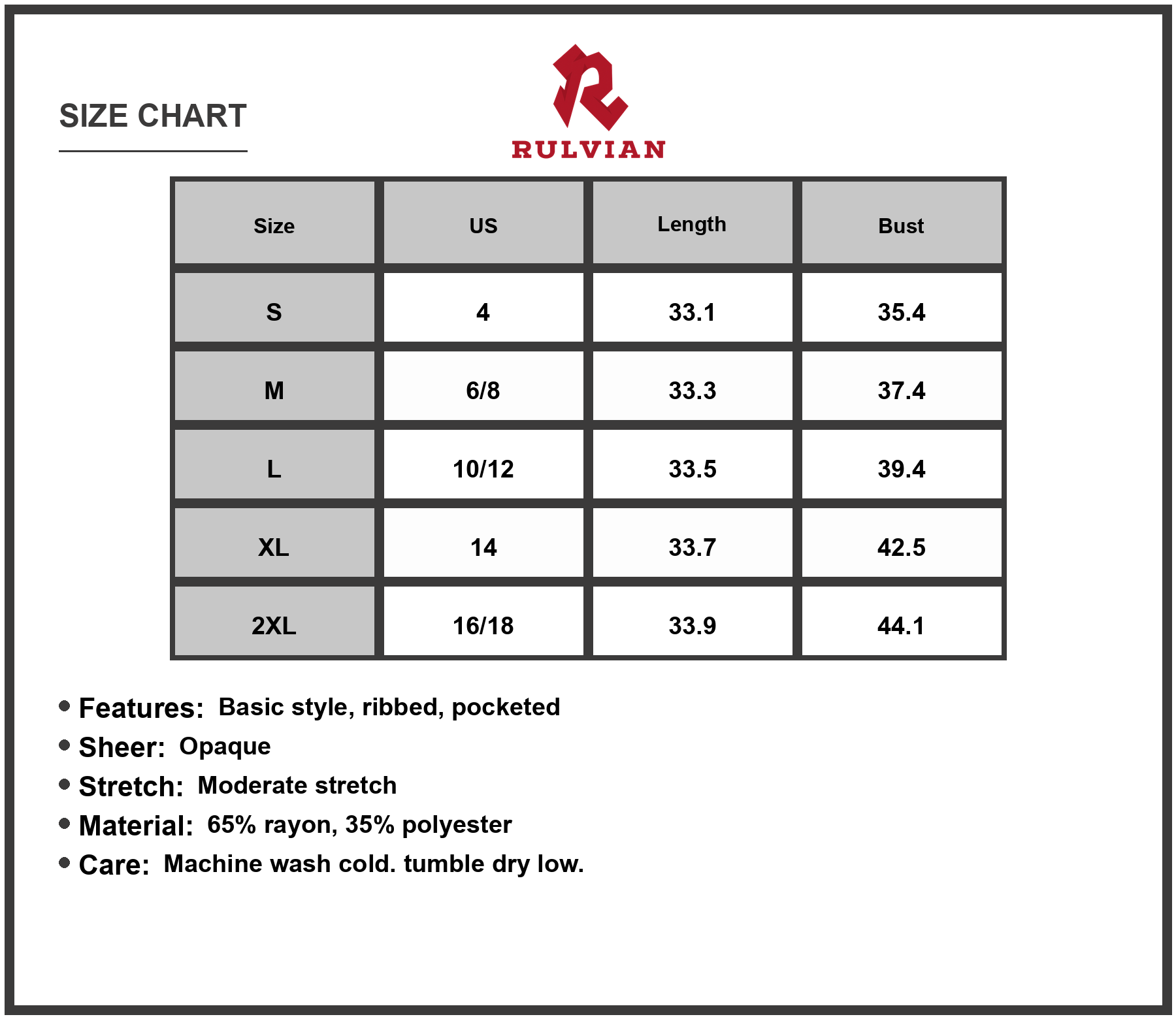 Size Chart - Women's Ribbed Striped Short Sleeve Mini Tee Dress 65% rayon 35% polyester Opaque Pocketed Moderate Stretch Comfort