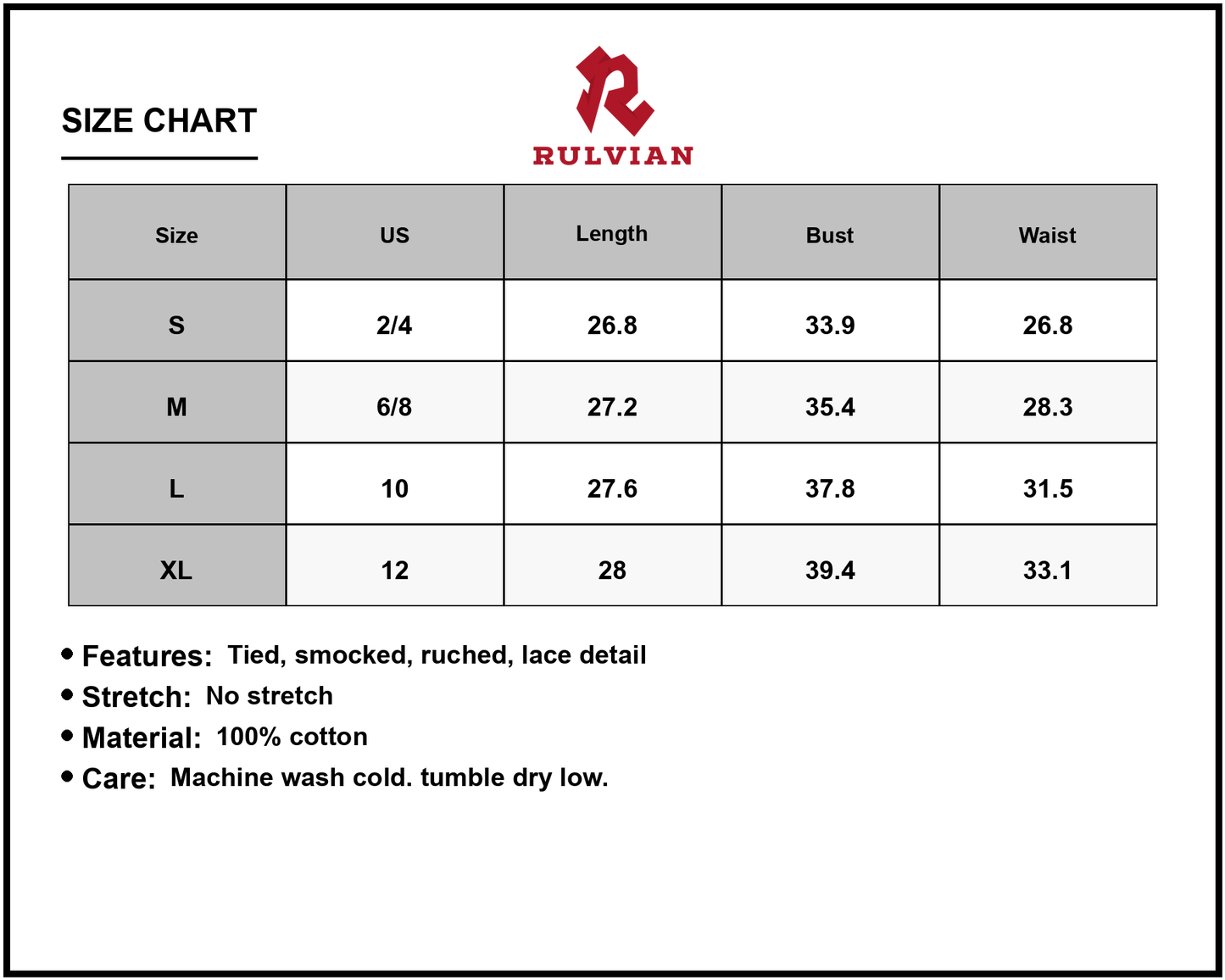 Size Chart - Women's Lace Detail Wide Strap Mini Dress with Ties Smocked and Ruched Accents 100% Cotton Lightweight Imported