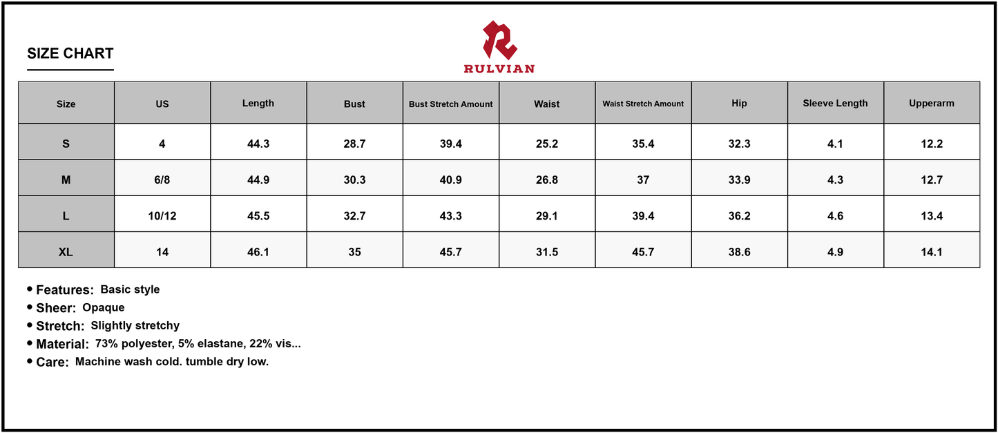 Size Chart - Women's Square Neck Cap Sleeve Midi Dress with Sheer Lightweight Fabric 73% Polyester 5% Elastane 22% Viscose
