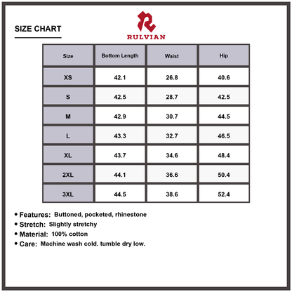 Size Chart - Women's Plus Size Wide Leg Jeans Washed Rhinestone Detail Buttoned Pocketed Premium Quality Trendy Fashionable Everyday Casual Bottoms