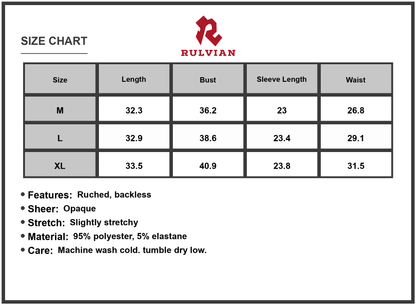 Size Chart - Women's Backless Glitter Square Neck Long Sleeve Mini Dress Ruched Sheer Bodice Opaque Stretch Fabric Polyester Elastane