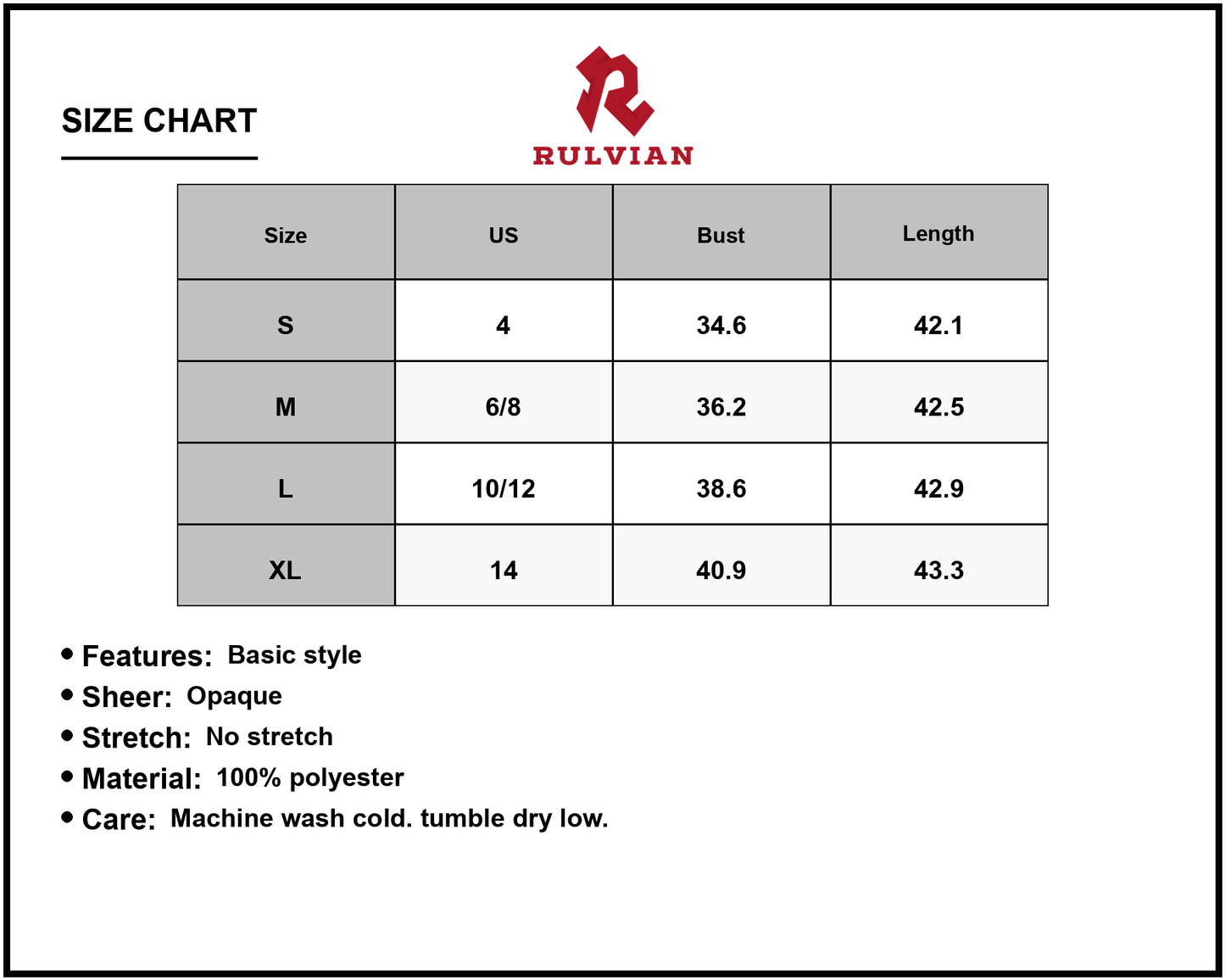 Size Chart - Women's Front Slit Overall Dress with Pockets 100% Polyester Fabric Easy Care Lightweight Dress Casual Everyday Wear