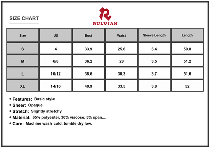 Size Chart - Women's Smocked V Neck Short Sleeve Dress 65% polyester 30% viscose 5% spandex Stretchy Elegant Everyday Wear Casual
