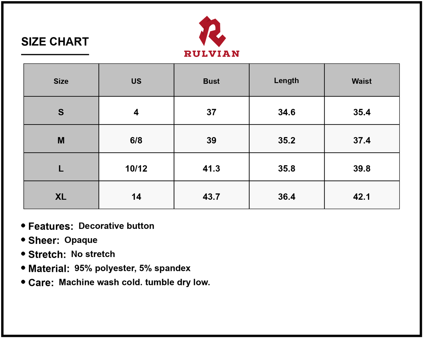 Size Chart - Women's Round Neck Mini Dress with Double Spaghetti Straps 95% Polyester 5% Spandex Decorative Button Sheer Fabric