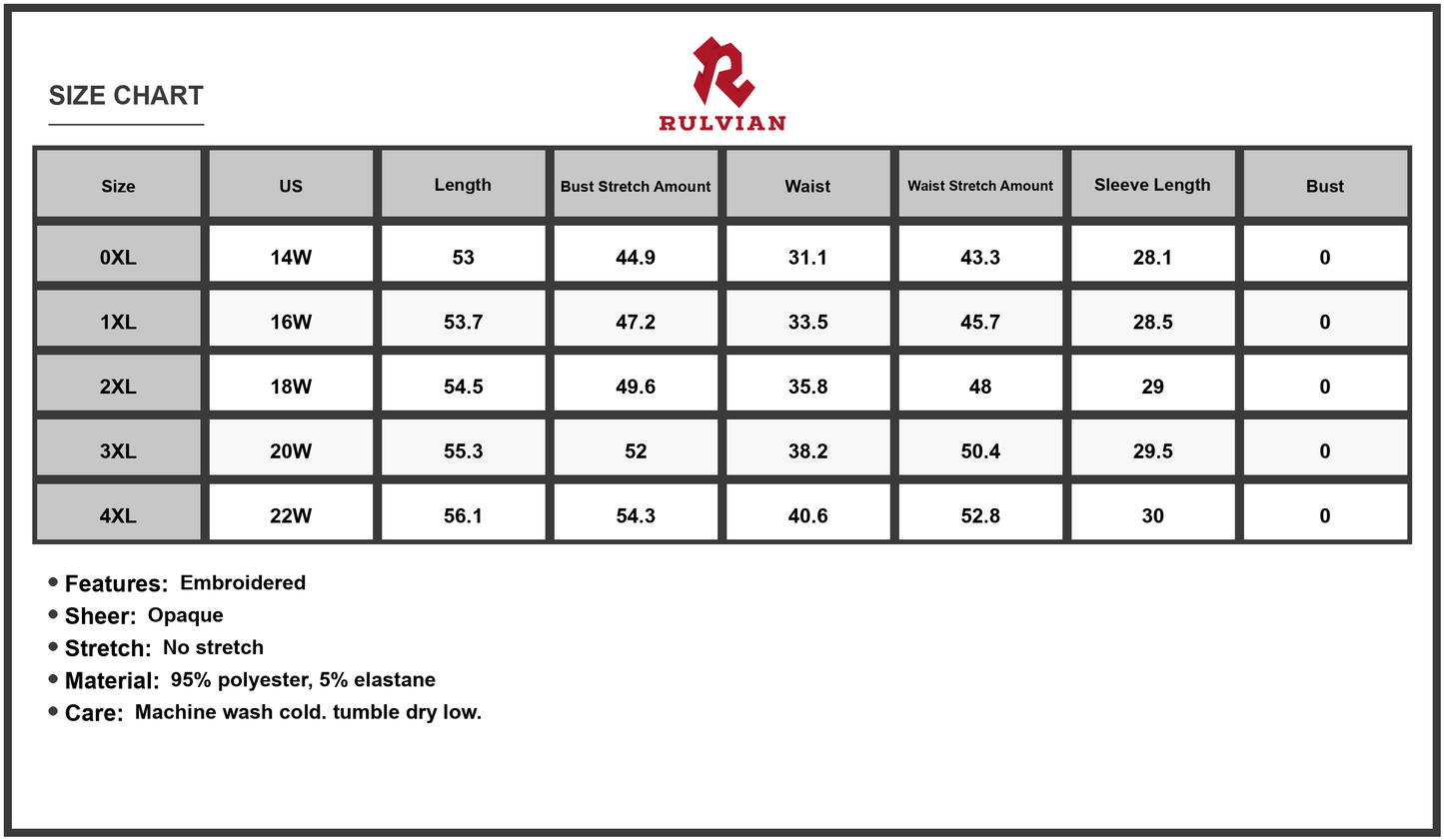 Size Chart - Women's Plus Size Embroidered Polka Dot Notched Long Sleeve Dress 95% Polyester 5% Elastane Comfortable Everyday Fit