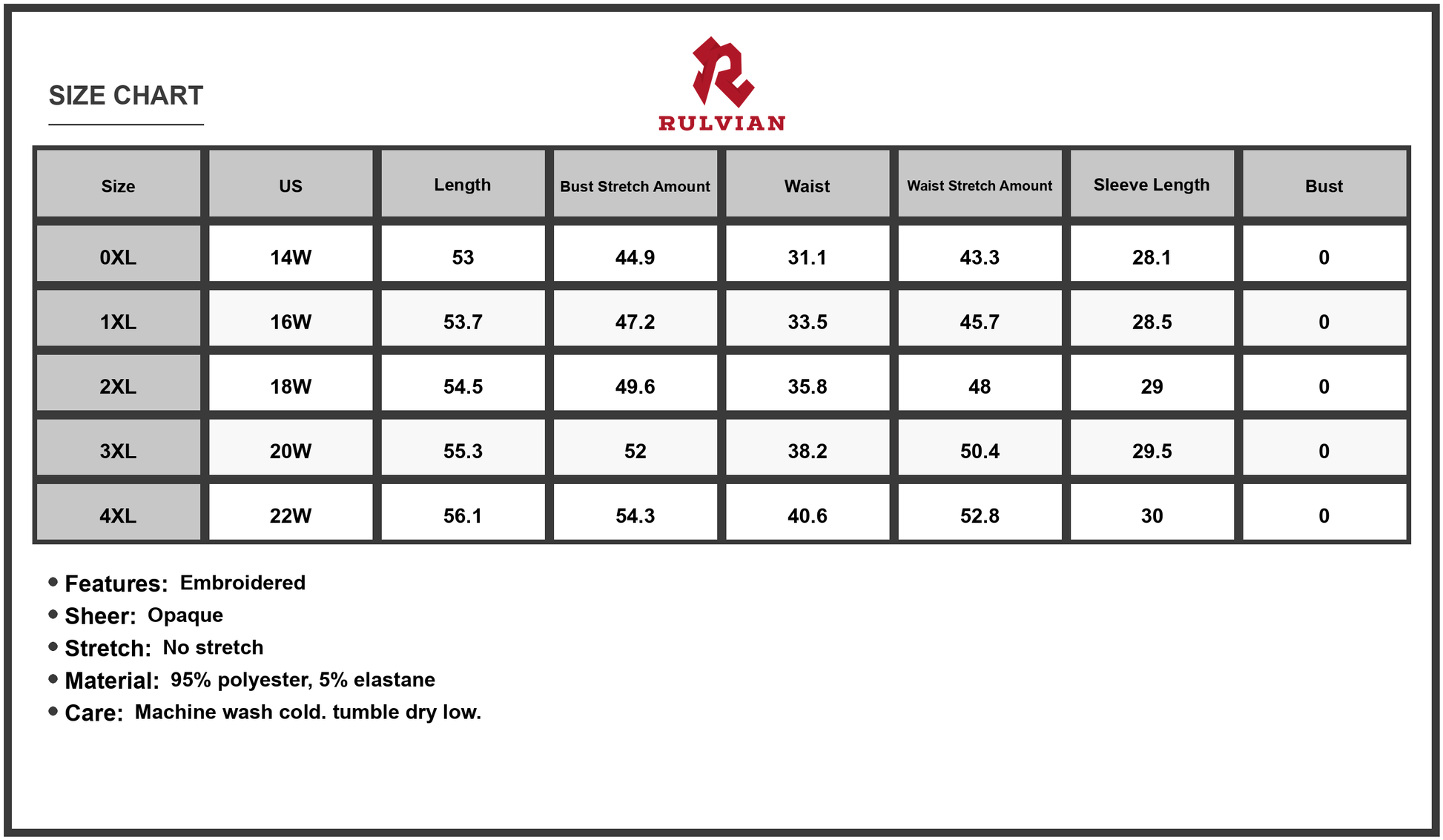 Size Chart - Women's Plus Size Embroidered Polka Dot Notched Long Sleeve Dress 95% Polyester 5% Elastane Comfortable Everyday Fit