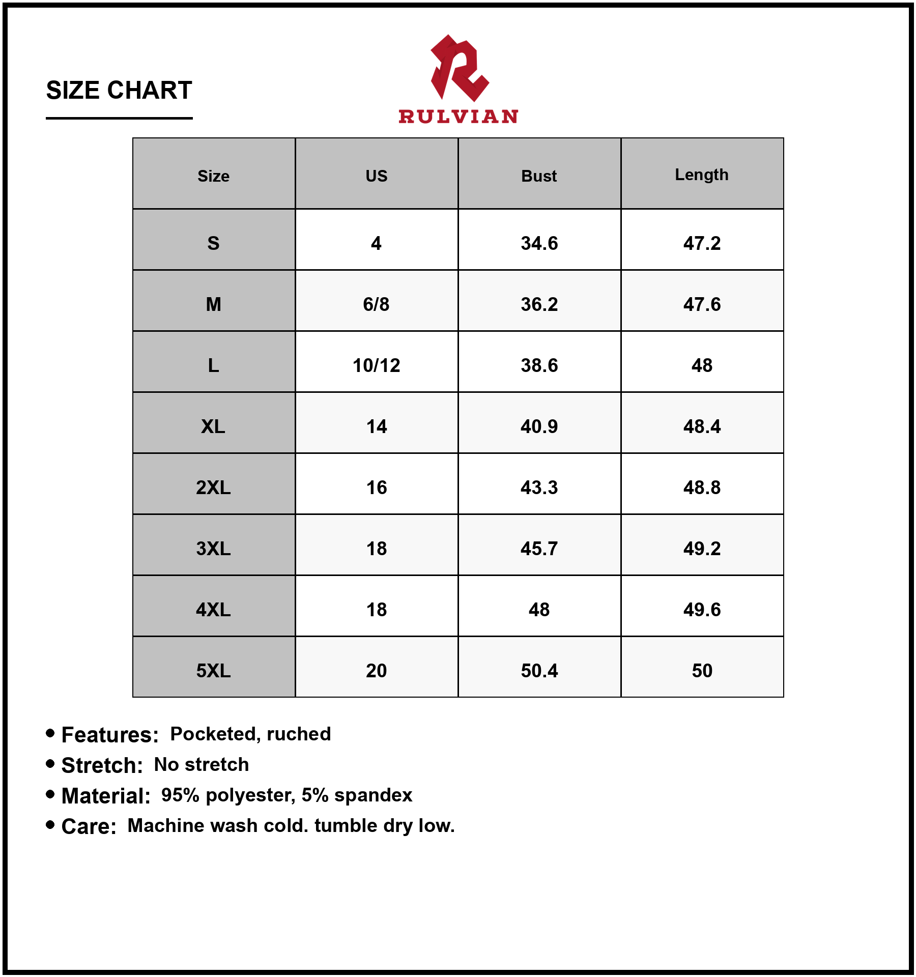 Size Chart - Women's V Neck Pocketed Midi Dress with Ruched Fit and Size Range ninety five percent polyester and five percent spandex
