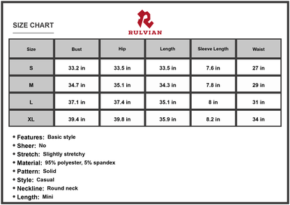 Size Chart - Women's Round Neck Short Sleeve Mini Dress Solid Pattern Casual Comfortable 95% Polyester 5% Spandex Easy Care Soft Feel