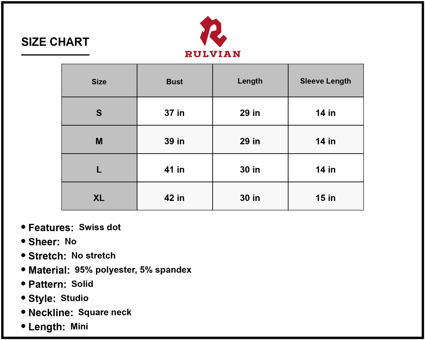 Size Chart - Women's Swiss Dot Square Neck Mini Dress with Half Balloon Sleeves Casual Everyday Wear 95% Polyester 5% Spandex