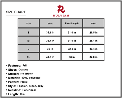 Size Chart - Women's Honey Floral Halter Neck Backless Dress for Beach Parties Mini A Line Sleeveless Frill Neckline 100% Polyester