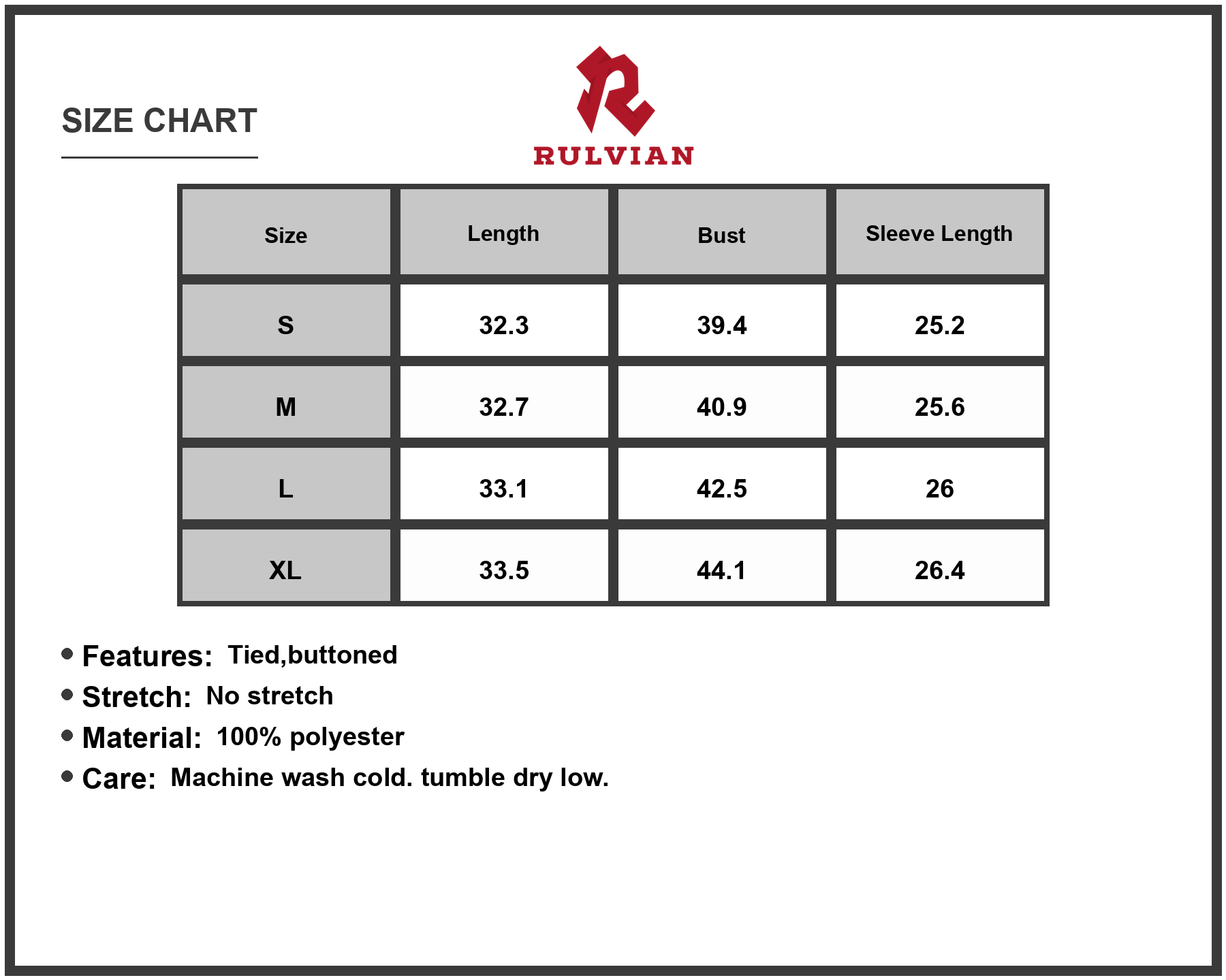 Size Chart - Women's Printed Lantern Sleeve Shirt Dress 100% Polyester Fabric Easy Care Everyday Wear Casual Buttoned Tie Front